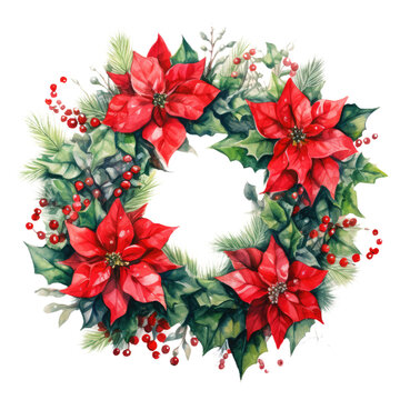 Christmas floral wreath with poinsettia flowers. Christmas Decorative element Watercolor illustration clipart
