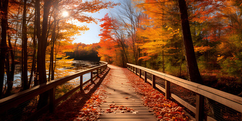 A wooden walkway in the woods with fall foliages and yellow leaves on trees behind it photo by steve gardin, Beautiful wooden pathway going the breathtaking colorful trees in a forest, generative AI

