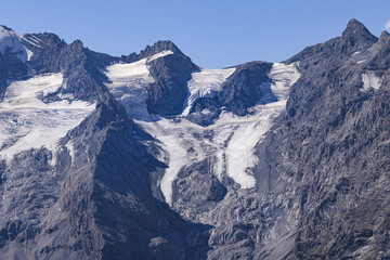 Fototapeta na wymiar panoramic view to Ortles Mountain range from Furkelhuette, Trafoi, Italy