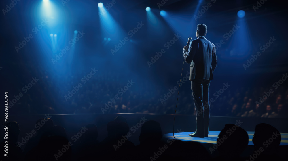 Aufkleber man in a suit speaking into a microphone in front of an audience in a dark auditorium.