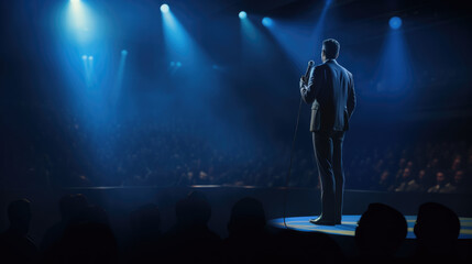 Man in a suit speaking into a microphone in front of an audience in a dark auditorium.