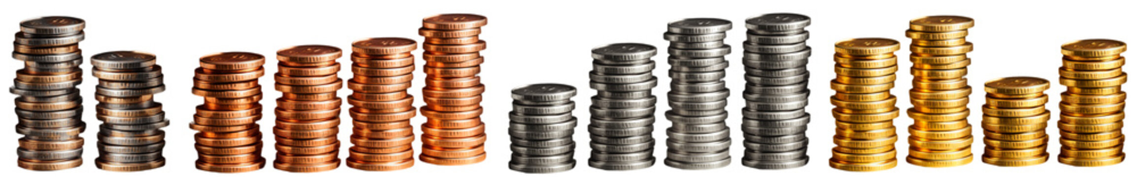 Conjunto de moedas de ouro, de prata, de bronze, e misturadas. Pacote com montinho de moedas douradas, prateadas e bronzeadas isoladas em fundo transparente.