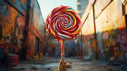 Obraz premium Lollipop in graffiti alleyway. Concept of urban sweetness, vibrant pops of color amidst the concrete canvas, and the intersection of street art with whimsical confectionery.