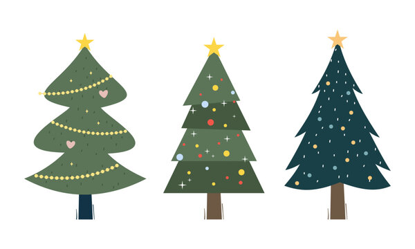 Collection of Christmas trees with decorations. Colorful vector illustration in flat cartoon style
