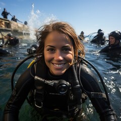 Skilled female diver gracefully explores the underwater world