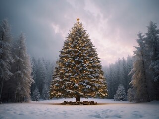 Beautiful Christmas tree standing in snowy forest with garland on it