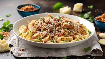 Spaghetti With Toasted Breadcrumbs, bacon and parmesan cheese.