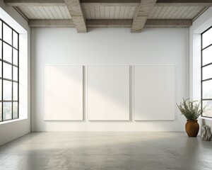 Blank Canvas on a wall, art mockup, luxurious artistic setup to showcase three paintings - obrazy, fototapety, plakaty
