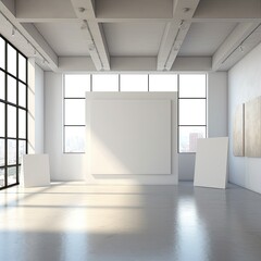 Blank Canvas on a wall, art mockup, luxurious artistic setup to showcase paintings, loft with many windows and light