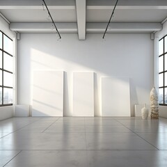 Fototapeta premium Blank Canvas on a wall, art mockup, luxurious artistic setup to showcase three paintings