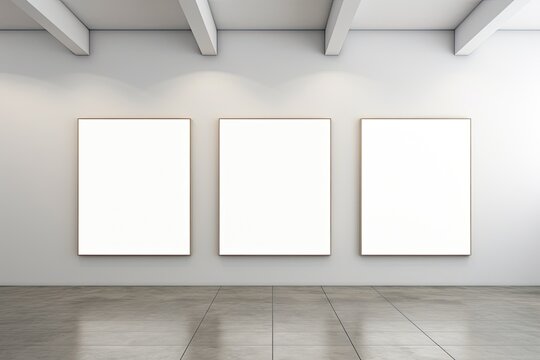 Blank Canvas on a wall, art mockup, luxurious artistic setup to showcase three paintings