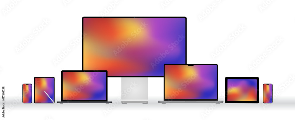Aufkleber laptop computer, mobile phone and tablet pc mock up. abstract smart device and realistic high-detail
