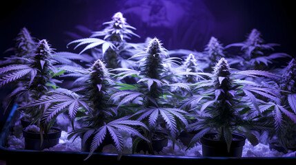 Marijuana plants growing in a purple light