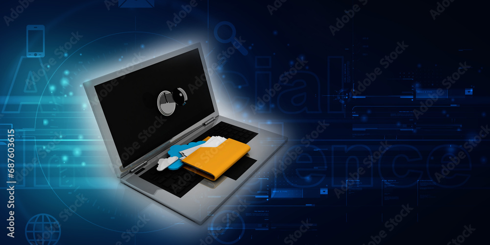 Poster 3d rendering cloud folder storage in laptop