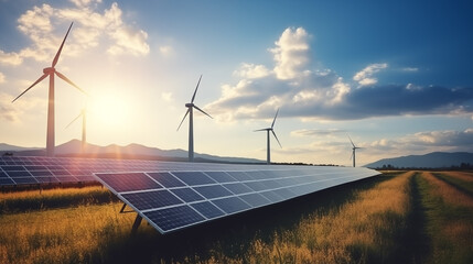 Solar panels and wind turbines landscape, renewable energy concept