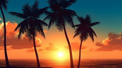 Fototapeta na wymiar Tropical palm trees silhouette silhouetted by sunset of sunrise,Generative Ai