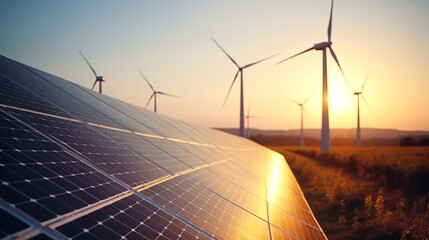 Solar panels and wind turbines renewable energy background - obrazy, fototapety, plakaty