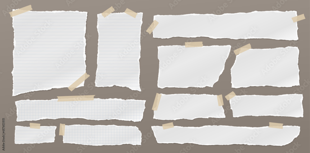 Poster set of torn, ripped paper strips, lined notebook sheet with adhesive type and soft shadow are on bro