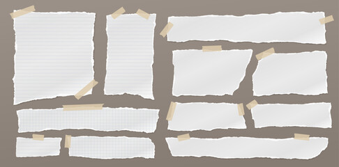 Set of torn, ripped paper strips, lined notebook sheet with adhesive type and soft shadow are on brown background for text, notes, ad. - 687603801