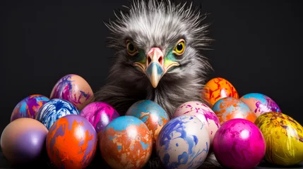 Tuinposter Colorful ostrich bird head with painted easter eggs on dark background © miro