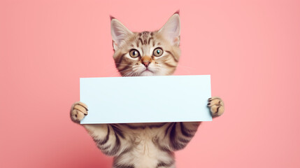 funny pet cat showing a placard isolated on white background blank web banner template and copy space - obrazy, fototapety, plakaty
