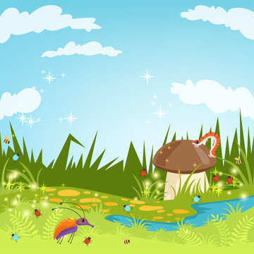 Background with bugs. fairytale shining landscape with green grass and bugs. vector template