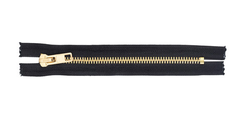 Black metal zipper isolated on white. Cutout zipper object. Vintage style clothing accessories. Sewer element background. Fastener isolated. Shiny metal yellow golden zipper teeth. © Paweł Michałowski