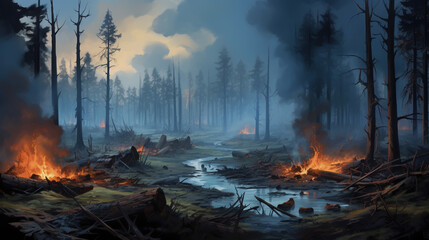 Forest fire. fallen tree is burned to the ground a lot of smoke when wildfire - obrazy, fototapety, plakaty