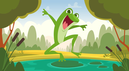 Frog jumping. happy animal frog in pond. Vector cartoon background - obrazy, fototapety, plakaty