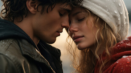 Happy couple in love touching foreheads. Concept of intimacy, connection, trust, emotional closeness, mutual understanding, shared moments, love's gentle gesture.