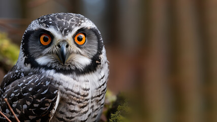 A hawk owl is perching on a branch in the wild