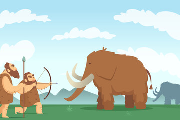 Mammoth. Ancient hunters. cartoon vector background