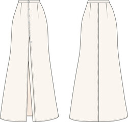 flared a line maxi long skirt with slits template technical drawing flat sketch cad mockup fashion woman - obrazy, fototapety, plakaty