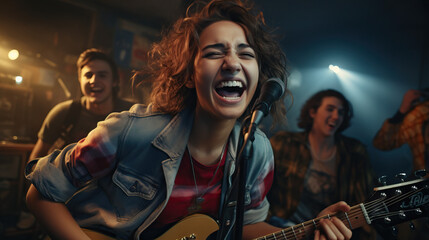 Teenagers dressed in grunge fashion with ripped jeans and flannel shirts, playing musical instruments in a garage, reminiscent of the 90s music scene.