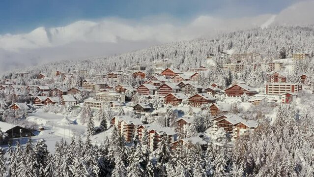 The ski resort of Crans-Montana in the Swiss Alps, covered by fresh snow