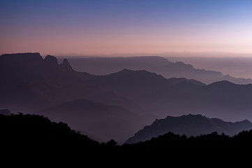 Colorful landscape background at sunrise in the Asir Mountains in Saudi Arabia.