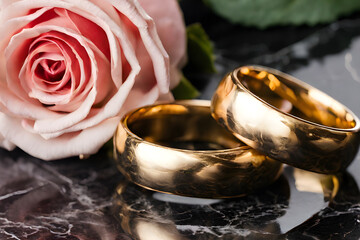 Two gold wedding rings on a black marble table with a pink rose. photo created using the Playground AI platform