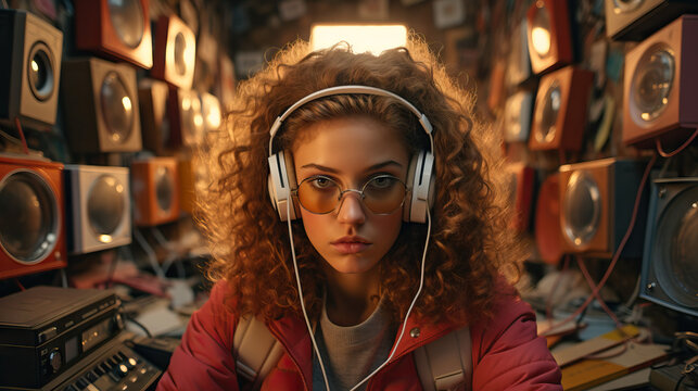 Teenagers posing with retro technology, highlighting the technological advancements of the era. Concept of nostalgia.