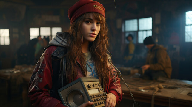 Teenagers posing with retro technology, highlighting the technological advancements of the era. Concept of nostalgia.