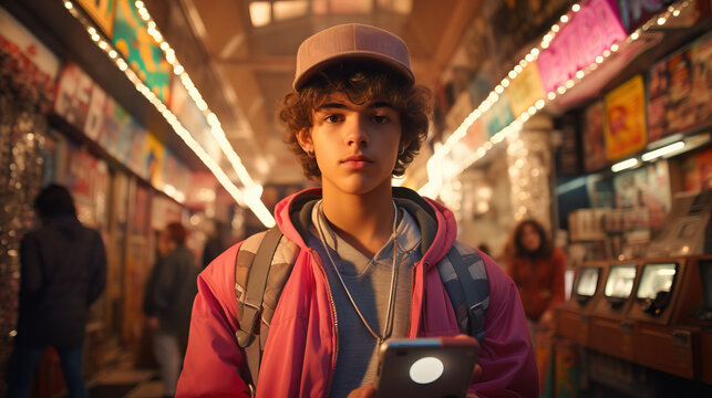 Teenagers posing with retro technology, highlighting the technological advancements of the era. Concept of nostalgia.