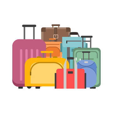 Travel suitcase. Pile of colored suitcases for adventure. Vector flat illustrations