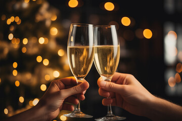 couple toast with sparkling wine for christmas - obrazy, fototapety, plakaty