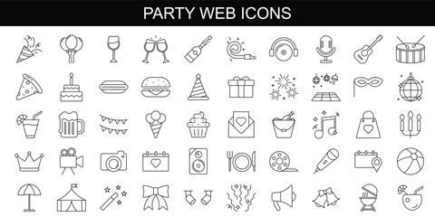 Party, Birthday icons. Set of 50 party trendy minimal icons - obrazy, fototapety, plakaty