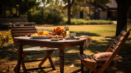 Wooden chair in autumn garden. Vintage radio on table. Wooden deckchair on green summer lawn on picnic.