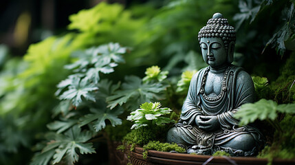 buddha statue on a rock in a blurred green bamboo jungle with smooth water surface, fresh natural...
