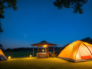 tent with a beautiful view. At night, there are stars in the sky