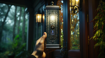 Hand reaching out to a metal bell hanging on a front porch. Concept of traditional signaling, arrival, announcing presence, old-fashioned charm
