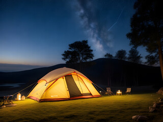 Fototapeta na wymiar tent with a beautiful view. At night, there are stars in the sky