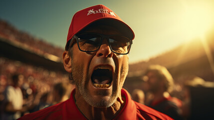 Angry sports coach yelling on the field in a stadium at the game. Concept of intensity, pressure, competitive spirit, discipline, motivation, high stakes - obrazy, fototapety, plakaty