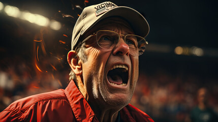 Angry sports coach yelling on the field in a stadium at the game. Concept of intensity, pressure, competitive spirit, discipline, motivation, high stakes - obrazy, fototapety, plakaty